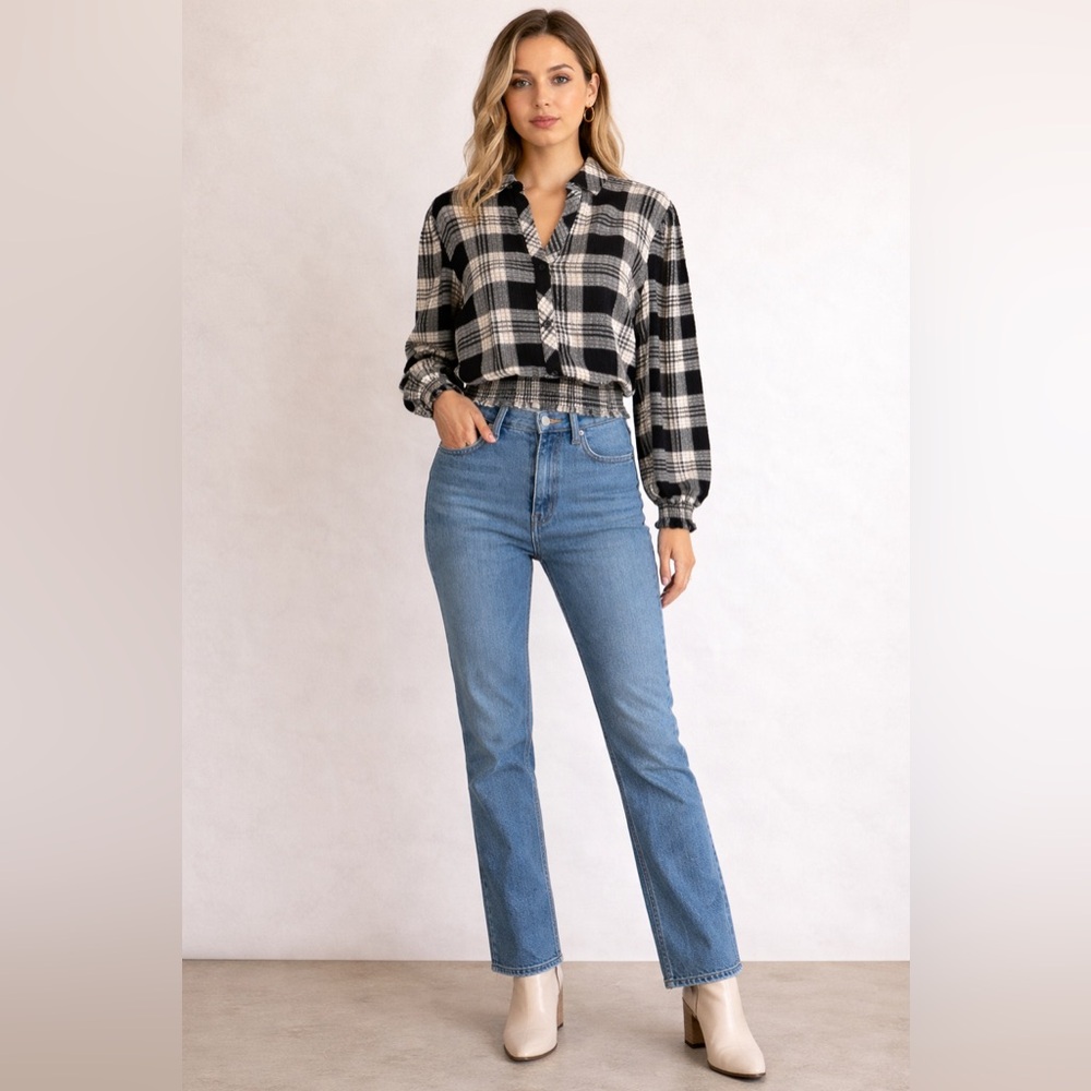 1. State Black & lvory Plaid Smocked Waist Blouse Cropped Button Front - Picture 2 of 14